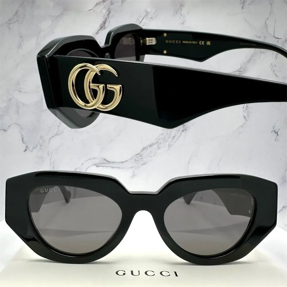 New Gucci Sunglasses Black Cat Eye Gold GG Logo Womens
